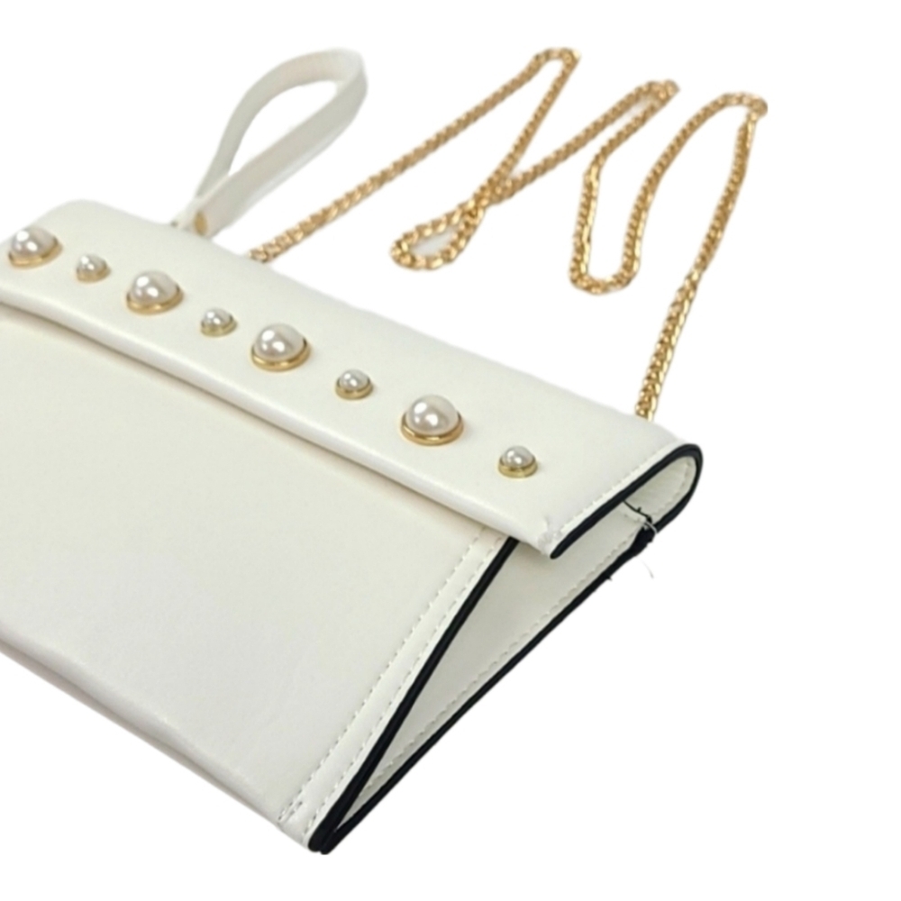 Pearl Clutch White Cream Purse Handbag w/ Gold Chain - Picture 3 of 7